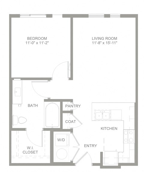 Floor plan for 1 bed, 1 bath, 671 sqft